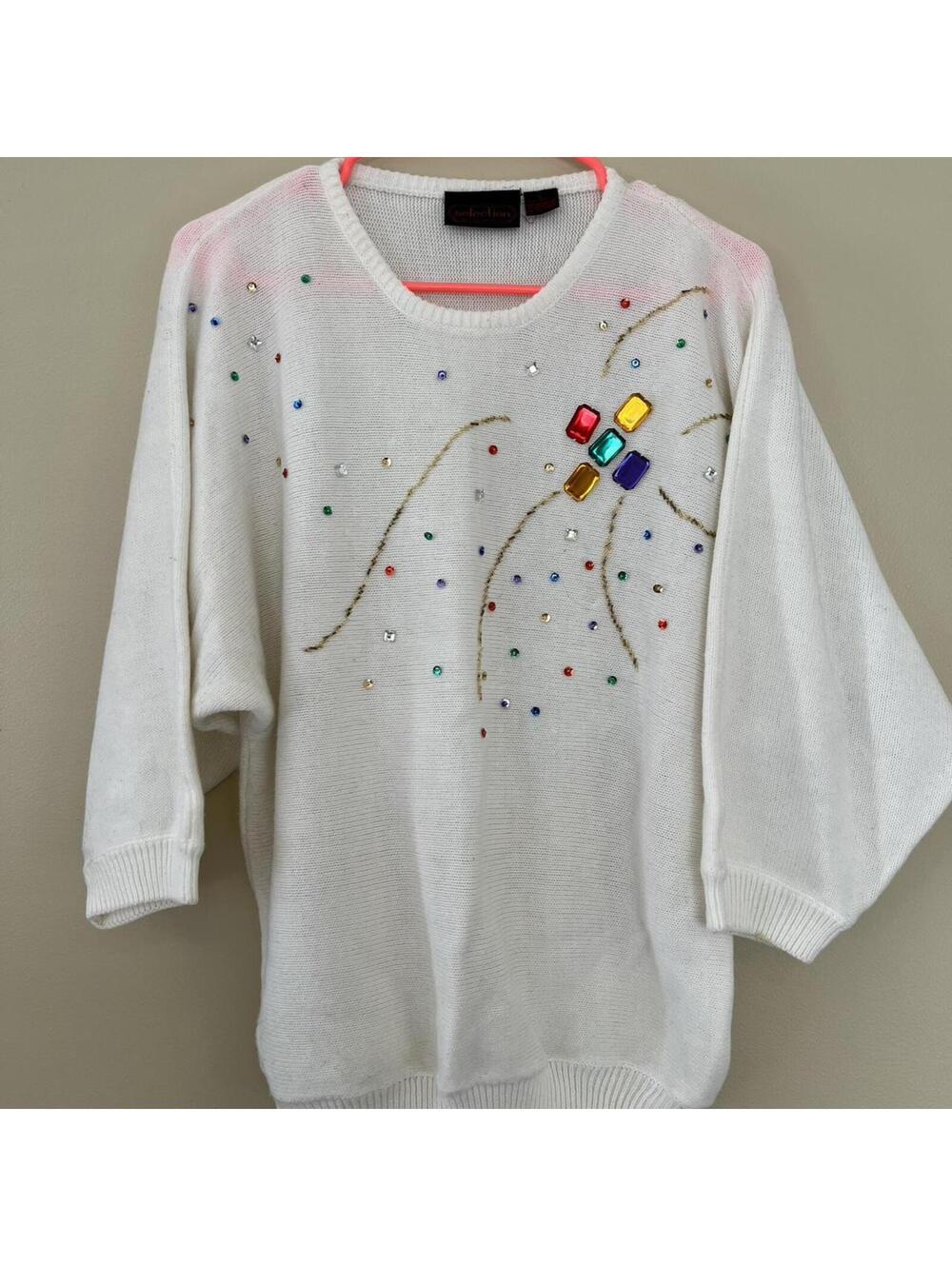 Vintage 80s White Jeweled Rhinestone Sweater Size Large